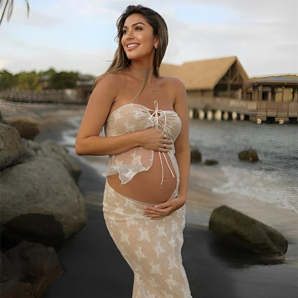 Sleeveless Strapless Beige Lace Maxi Dress with Lace-Up Front